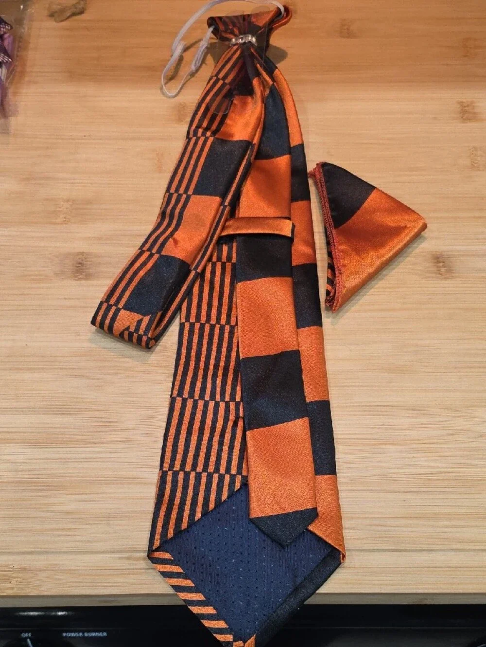 Men's Orange and Black Checker & Stripe Tie with Matching Pocket Square.